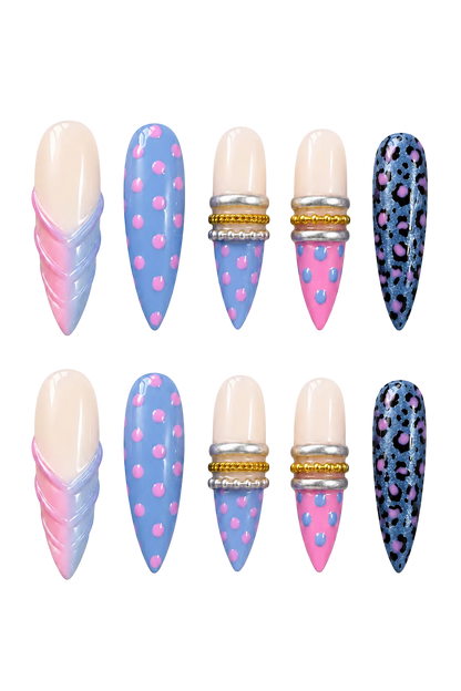 Blue Doll Leopard electric blue and animal print handmade reusable press-on nails