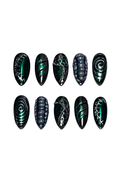 Obsidian Reef gothic midnight black shimmer handmade reusable press-on nails