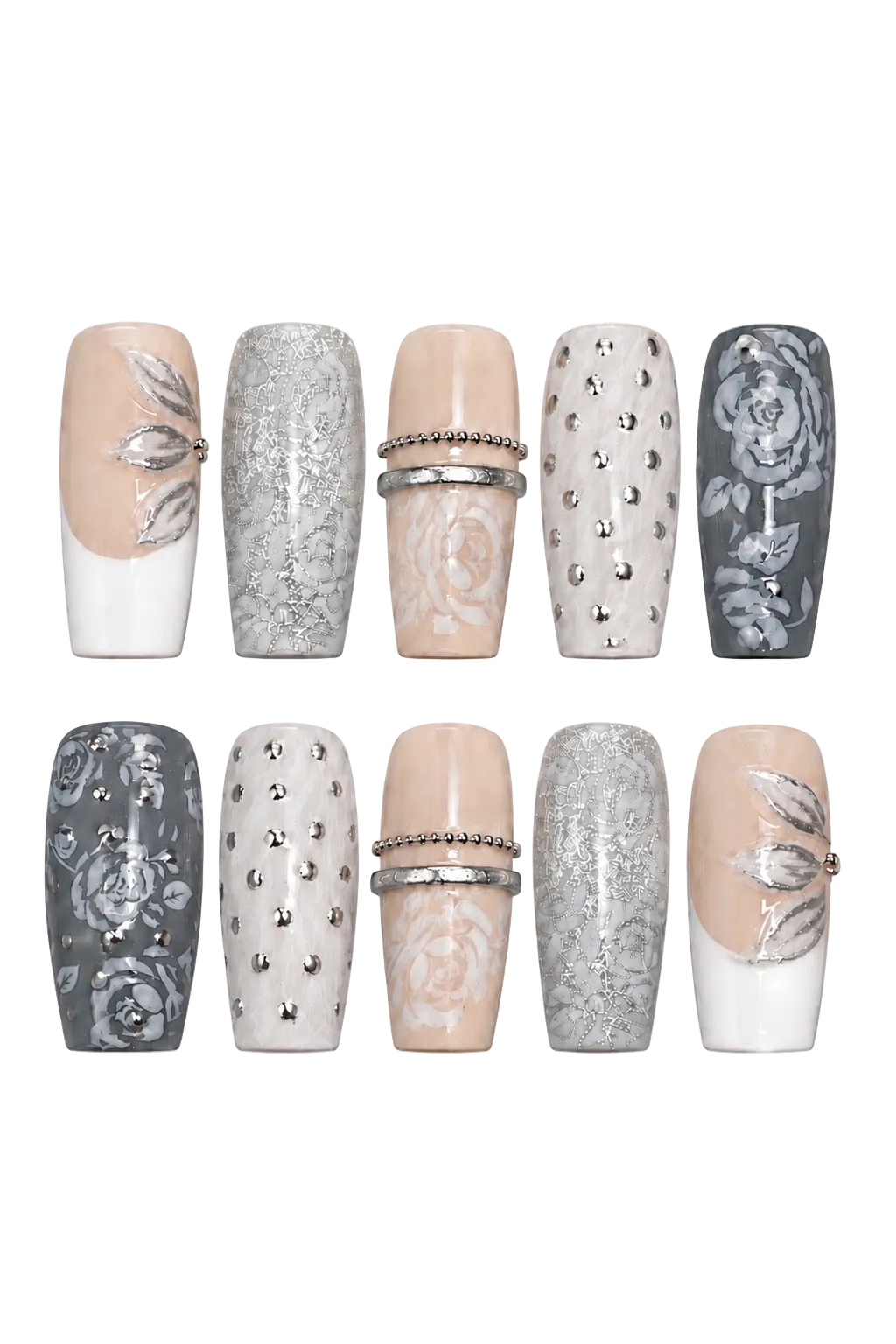 Silver Bloom Garden handmade gel press-on nails with silver floral design