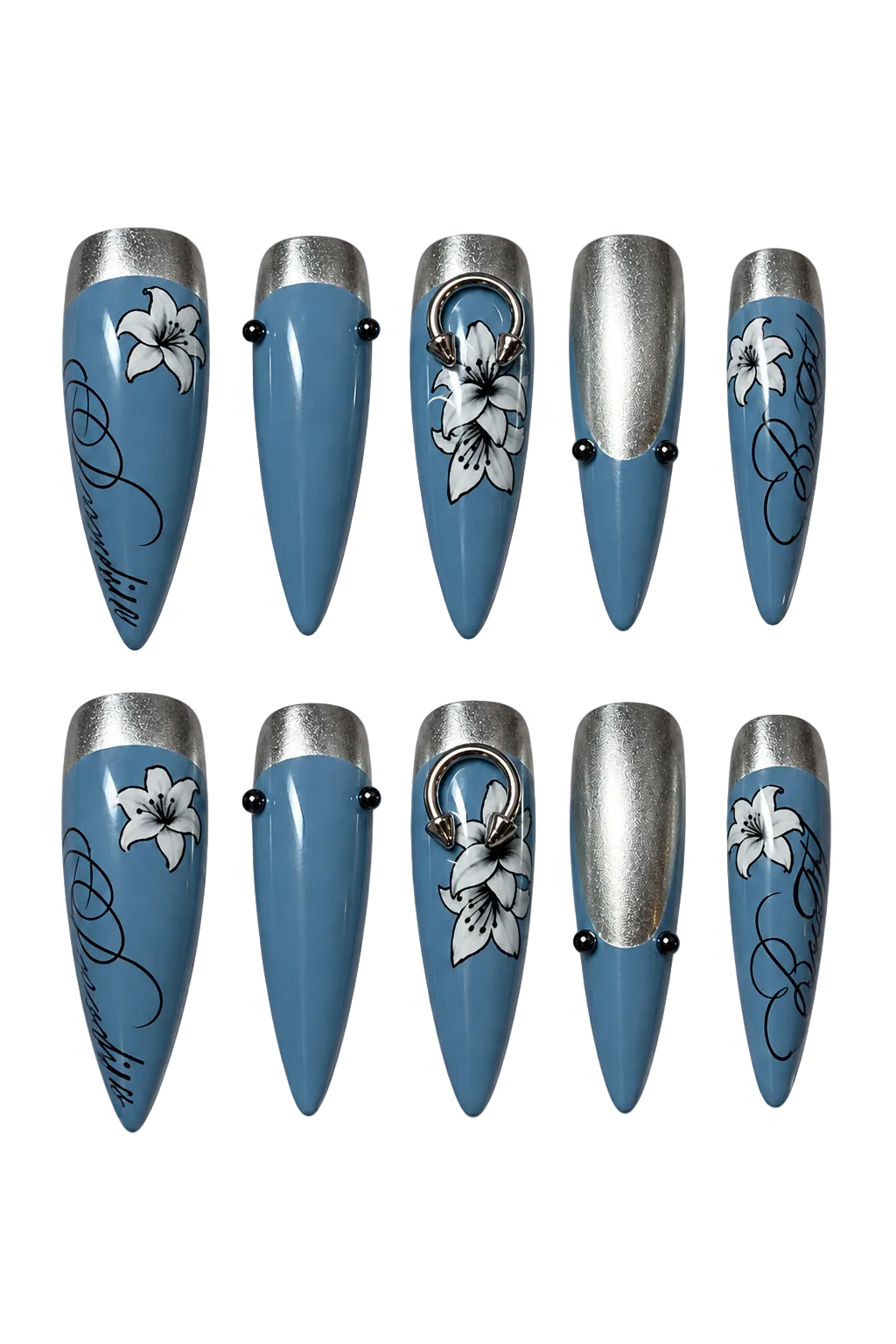 STEEL LILY steel blue floral design reusable gel press-on nails - image 8 of 9