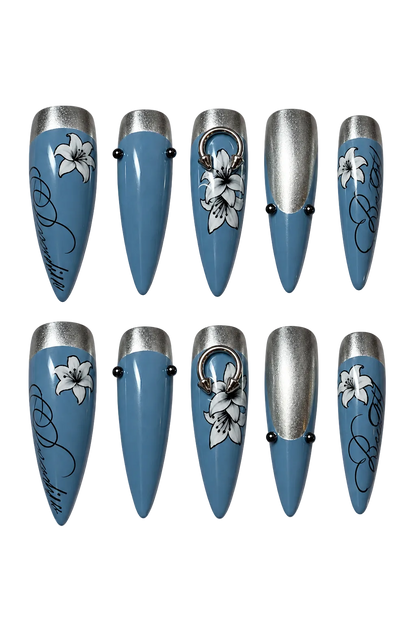 STEEL LILY steel blue floral design reusable gel press-on nails - image 8 of 9