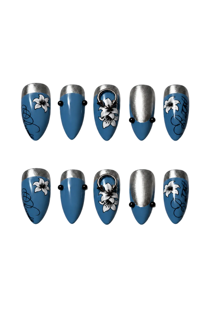 STEEL LILY steel blue floral design reusable gel press-on nails - image 9 of 9