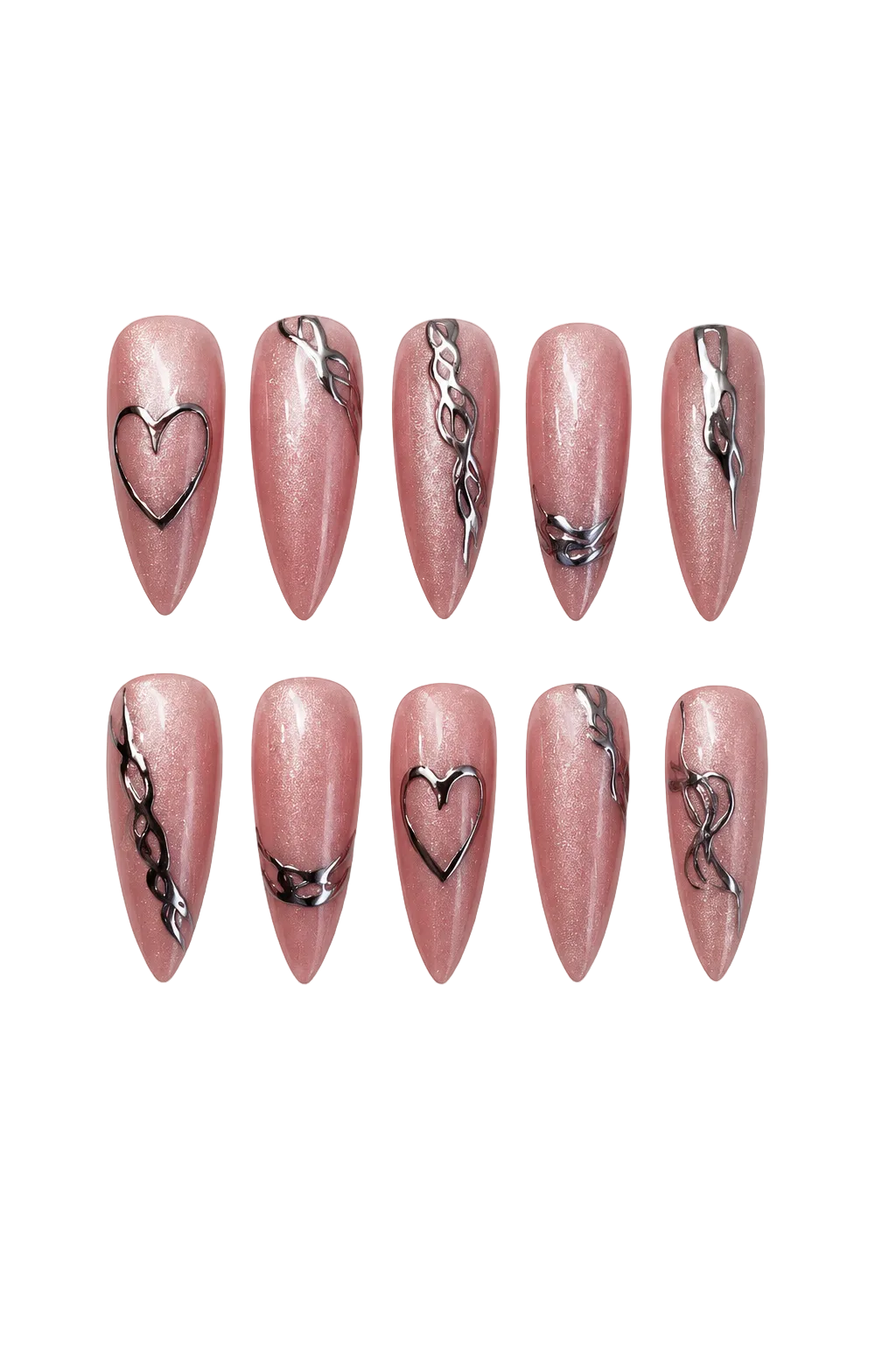 Set of pink nail art designs with heart and chain patterns on a white background.