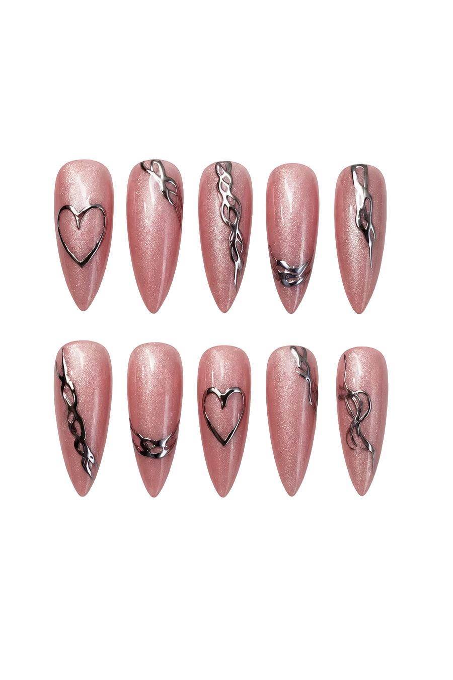 Set of pink nail art designs with heart and chain patterns on a white background.