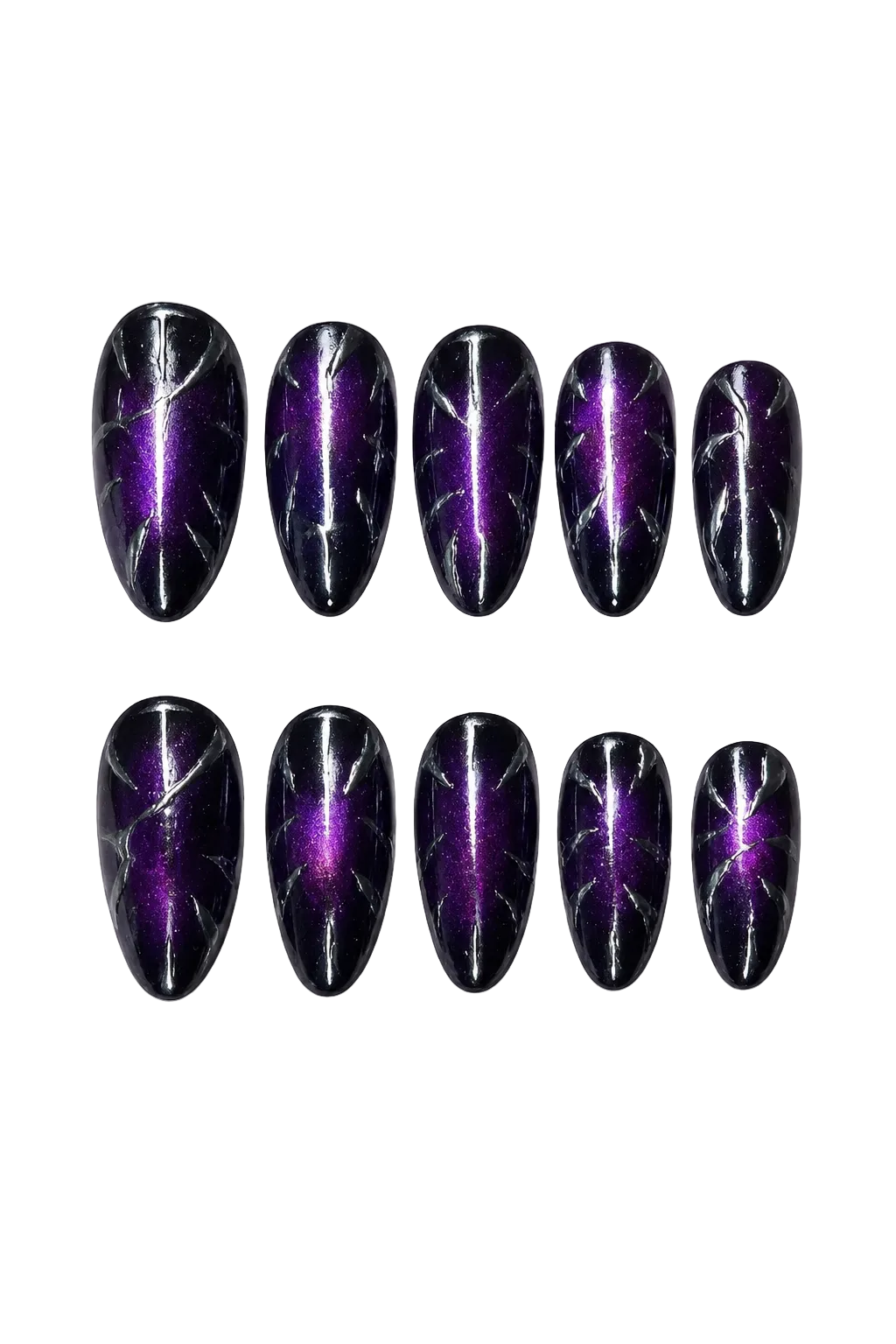 Dark purple cat eye press-on nails with glossy black violet finish and 3D spider web nail art