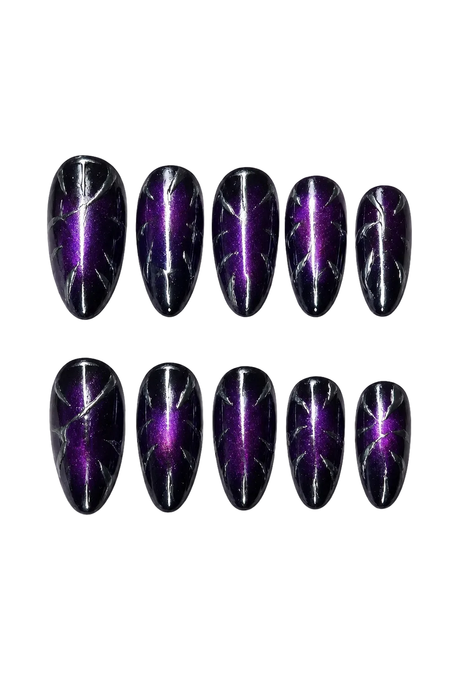 Dark purple cat eye press-on nails with glossy black violet finish and 3D spider web nail art